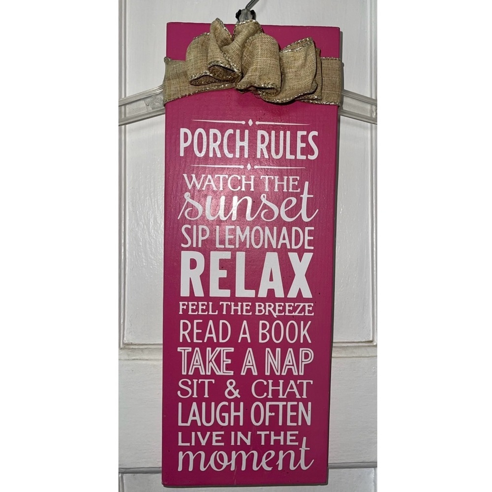 Porch Rules Decorative Sign in Pink and White